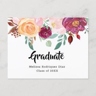 Graduation Simple Watercolor Burgundy Pink Flowers Announcement Postcard