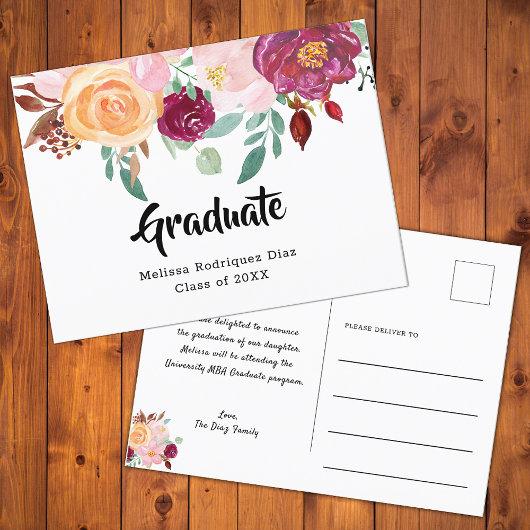 Graduation Simple Watercolor Burgundy Pink Flowers Announcement Postcard