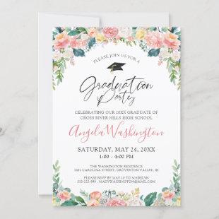 Graduation Watercolor Pink Floral Script Invitation