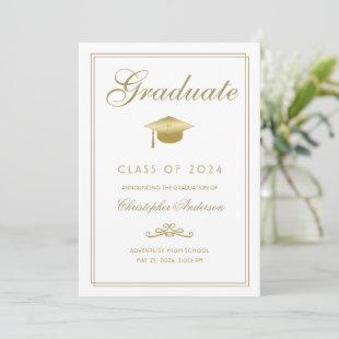 Graduation White Gold Script Grad Cap Announcement