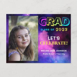 Graduation year neon glow middle school grad photo postcard