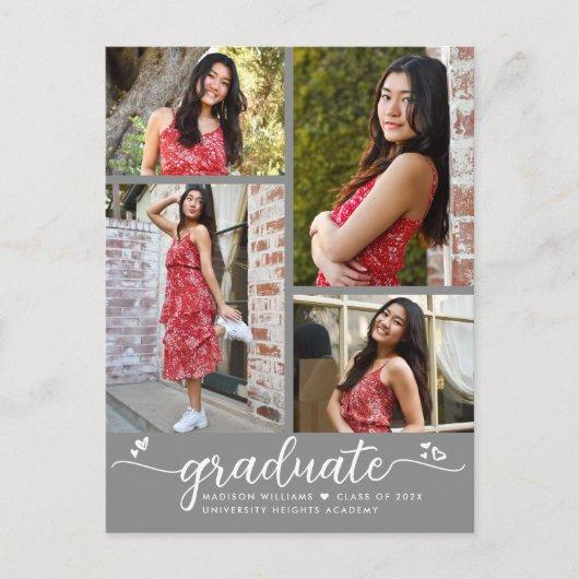 Gray 4 Photo Graduation Modern Girly Script Hearts Invitation Postcard