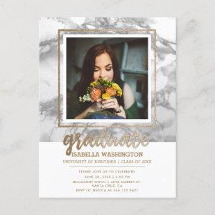 Gray Marble & Gold Glitter Script Photo Graduation Invitation Postcard