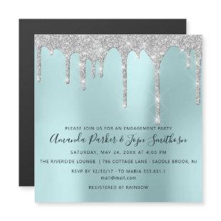 Gray Silver Spark Drips Bridal Wedding Aqua Magnetic Invitation