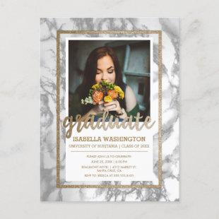Gray & White Marble Gold Glitter Photo Graduation Invitation Postcard