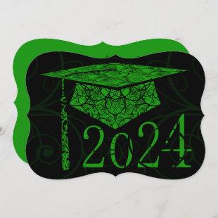 Green and Black Floral Cap 2024 Graduation Party Invitation