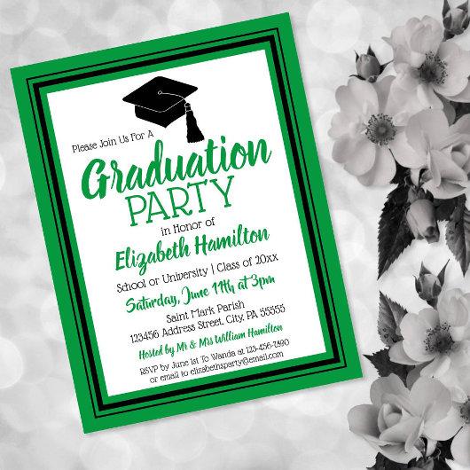 Green and Black School Colors Grad Party Invitation Postcard