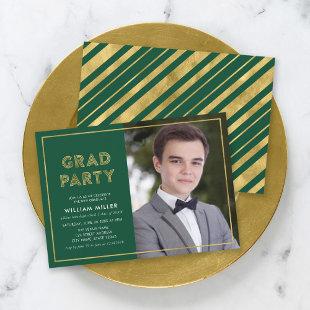 Green and Faux Gold Geometric Photo Grad Party Invitation