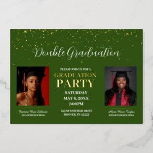 Green and Gold Double Graduation  gold Foil Invitation