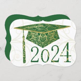 Green and Gold Floral Cap 2024 Graduation Party Invitation