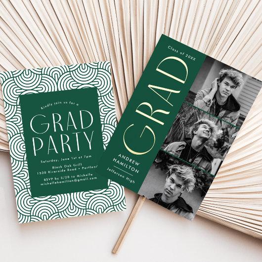 Green and Gold Foil 3 Photo Graduation Party Foil Invitation
