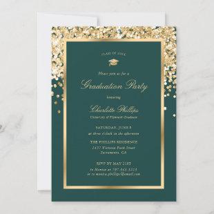 Green and Gold Glitter Graduation Party  Invitation