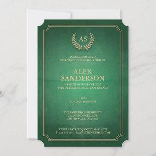 Green and Gold Monogram/Laurel Wreath Graduation Invitation