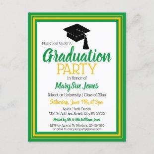 Green and Gold School Colors Grad Party Invitation Postcard