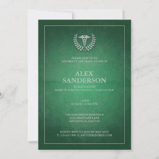 Green and Silver Medical Caduceus Graduation Invitation