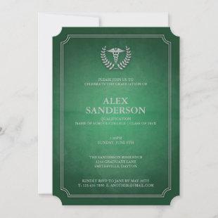 Green and Silver Medical Caduceus Graduation Invitation