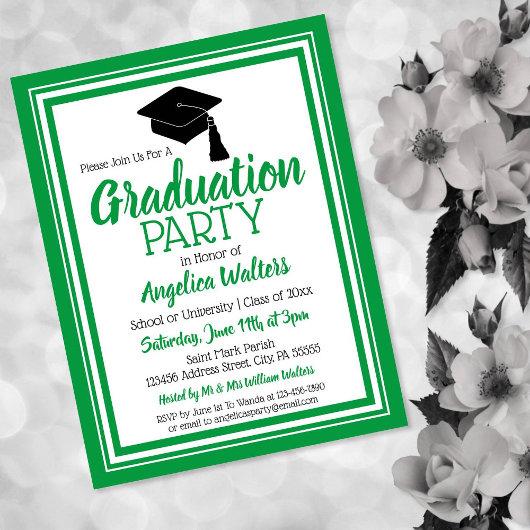 Green and White School Colors Grad Party Invitation Postcard