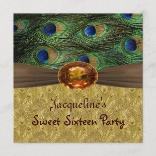 Green blue and gold peacock's feathers Sweet 16 Invitation