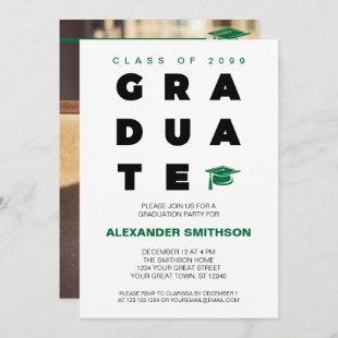 Green Bold GRADUATE Letters and Cap Graduation Invitation