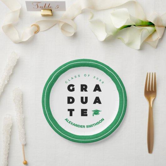 Green Bold GRADUATE Letters and Cap Graduation Paper Plates