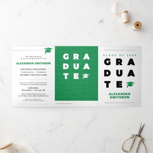 Green Bold GRADUATE Letters and Cap Graduation Tri-Fold Announcement