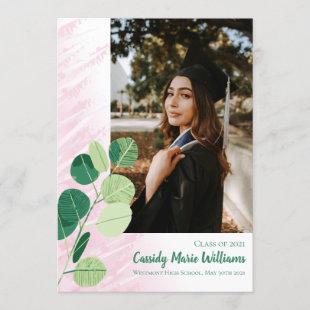 Green Botanical Elegant Pink Graduation Invitation