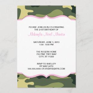 Green Camo with Light Pink Birthday Party Invite