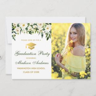 Green Floral Gold Photo Graduation Party Invite