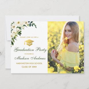 Green Floral Photo Gold Graduation Party Invite