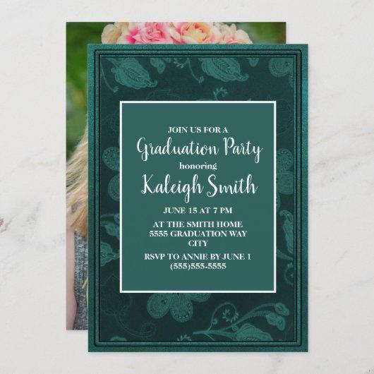 Green Floral White Graduation Party Photo Invitation