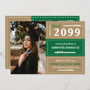 Green & Gold Dotted Boxes and Pencils Graduation Invitation