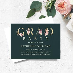 Green Gold Floral Letter Graduation Party Photo Invitation