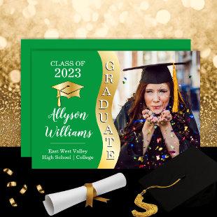 Green | Gold Graduate Wave Grad Cap Photo Announcement