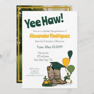 Green/Gold Graduation Cap Cowboy Boot Arrangement Invitation