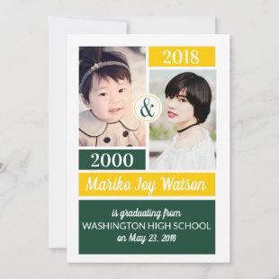 Green Gold School Colors Then and Now Graduation Invitation