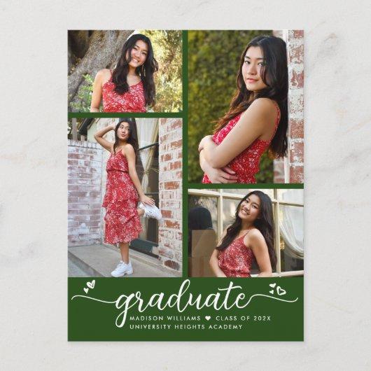 Green Graduation 4 Photo Modern Girly Script Heart Invitation Postcard