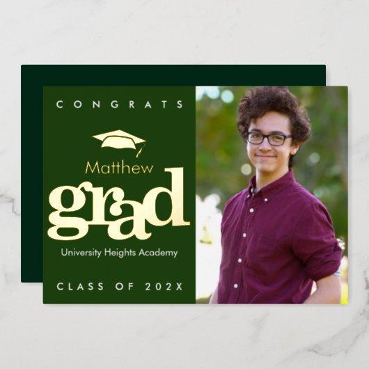Green graduation photo bold modern cap real gold  foil invitation