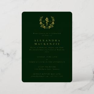 Green MD Asclepius+Laurel Wreath Graduation Party Foil Invitation