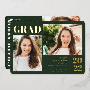 Green minimalist modern 3 photos graduation foil invitation