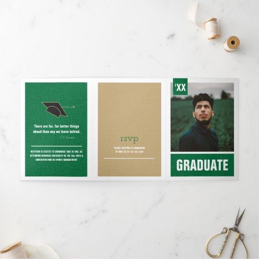 Green Modern Textured Photo Graduation Tri-Fold Invitation