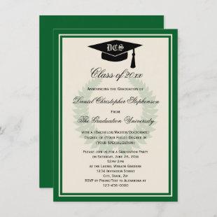 Green Monogram Laurel Classic College Graduation Invitation