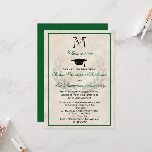 Green Monogram Wreath Classic College Graduation Invitation