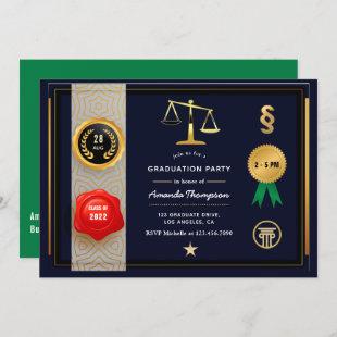 Green, Navy and Gold Law Graduation Party Invitation