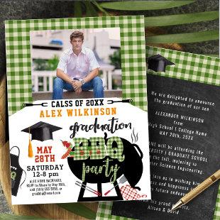 Green Plaid Graduation BBQ Party Photo Invitation