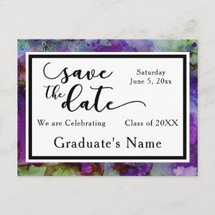 Green & Purple Watercolor Graduation Save the Date Postcard
