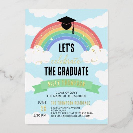 Green Rainbow Clouds Let's Celebrate the Graduate Foil Invitation