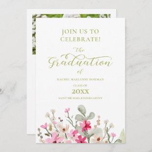 Green Romantic Photo Graduation Floral Wreath Invitation