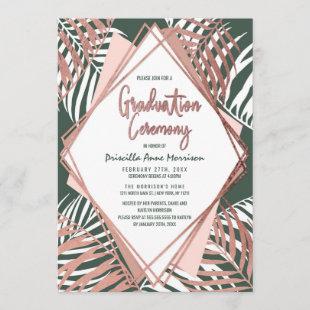 Green Rose Gold Tropical Palm Tree Leaf Graduation Invitation
