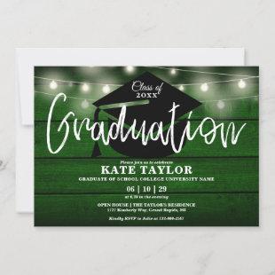 Green Rustic Wood String Lights Graduation Party Invitation