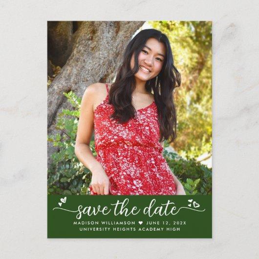 Green Save the Date Graduation Photo Script Hearts Invitation Postcard